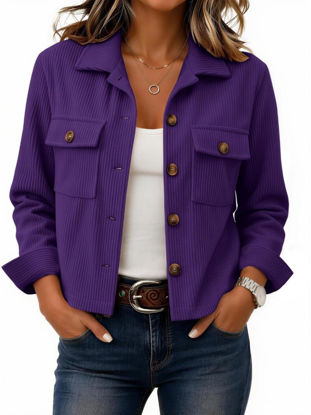 Women's Purple 100% Polyester Corduroy Button Down Flap Pockets Cropped Jacket